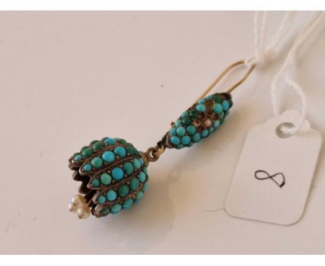 A antique single turquoise and pearl snow drop earring suitable as a pendant