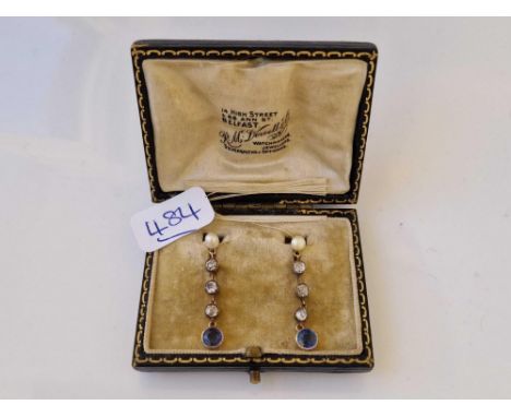 A PAIR OF DIAMOND AND SAPPHIRE PLATINUM EARRINGS BOXED