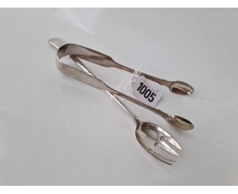 A pair of fiddle pattern sugar tongs, London 1858 &amp; a plated runcible spoon