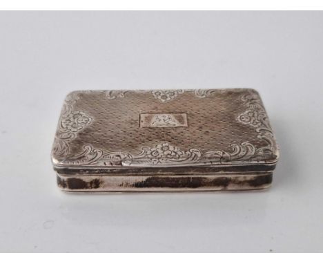 19C French snuff box with engraved hinged cover. 2.5 in wide 40gms