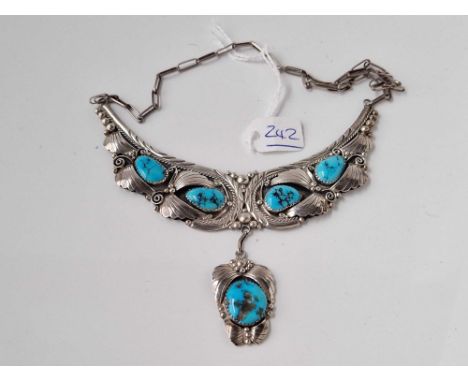 A stunning silver signed navajo necklace set with turquoise 16 inch 49 gms