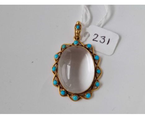 Antique Victorian 15ct rock crystal oval cabochon pendant with turquoise highlights around the edge, 36 x 30mm without bale