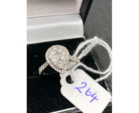 A SUPER QUALITY PEAR SHAPED DIAMOND CLUSTER RING 1CT diamond weight with diamond shoulders in 18ct white gold sz J  3.6g