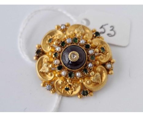 A EARLY VICTORIAN BROOCH SET WITH CABOCHON GARNET EMERALDS AND PEARLS 18CT GOLD TESTED 7.7 GMS BOXED