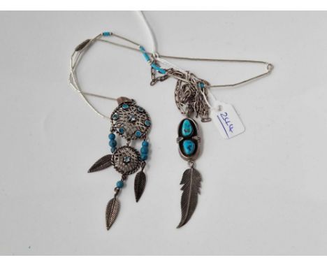 Two silver and turquoise vintage signed dream catcher necklaces