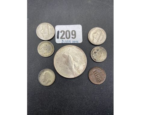 USA silver dollar 1923, better grade, 2 five cents &amp; 4 others