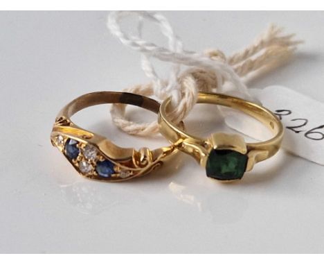 A EMERALD RING SIZE L AND A SAPPHIRE AND DIAMOND RING SIZE M 18CT GOLD 5.6 GMS INC.