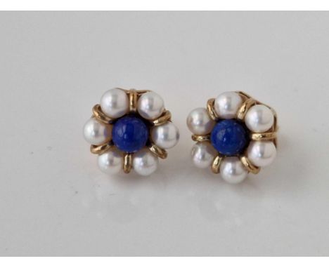 A pair of lapis lazuli and pearl cluster earrings