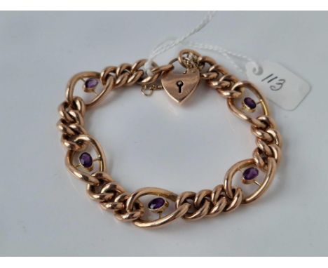 A AMETHYST BRACELET 9CT WITH PADLOCK CLASP 7 INCH 17.2 GMS