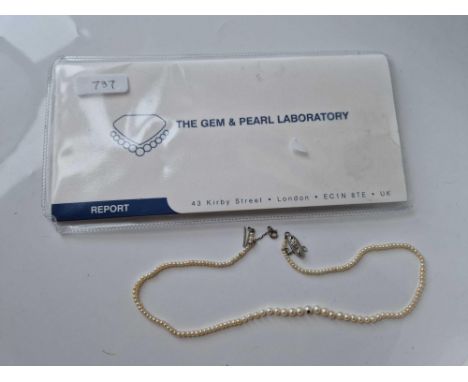 Antique string of graduated natural pearls on a diamond set clasp with a certificate from Stephen Kennedy, Pearl and Gem Lab 