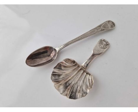 Georgian brightcut teaspoon with unusual marks and a caddy spoon with shell bowl. Newcastle 1837. 25gms