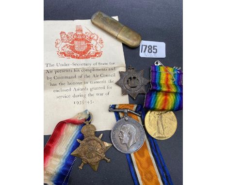 A trio of WWI medals L. C/L AE Wyatt I Devon R (6579) _ Devon R Badge + Lighter