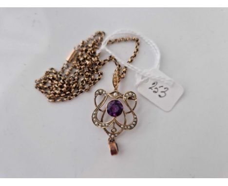 A art nouveau amethyst and pearl pendant necklace 9ct 17 inch