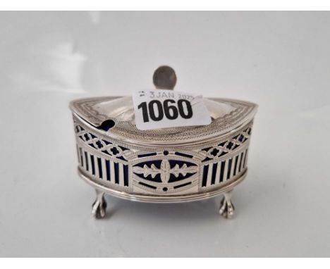 Oval Georgian style mustard pot with pierced sides, claw and ball feet. Birmingham  1901 By W A  77gms Excl BGL