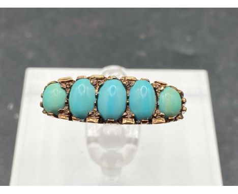 A antique fine turquoise five stone ring on hand carved mount 9ct Size N  3.3g