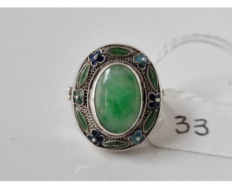 Antique Jade and enamelled oval ring mounted in silver, size K