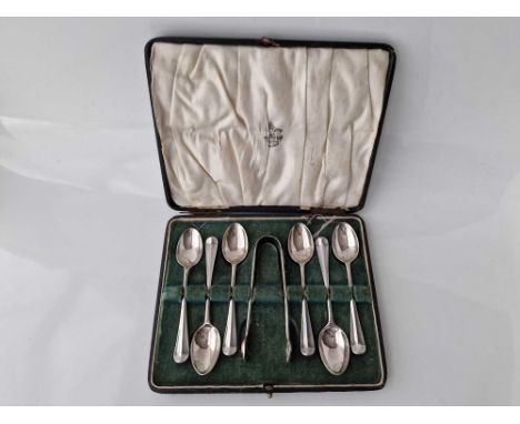 A set of six Hanoverian pattern tea spoons &amp; a pair of tongs, Sheffield by JD&amp;S, 126g