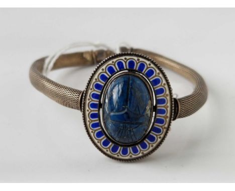 A silver and enamel scarab bracelet dented