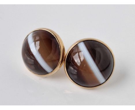 A pair of gold mounted banded agate earrings