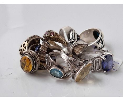 Nine vintage silver stone set rings