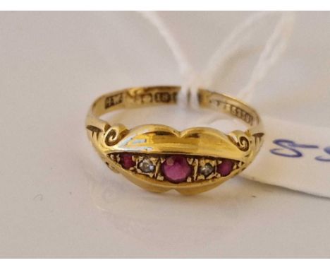 A five stone ruby and diamond ring 18ct gold size R 2.5 gms