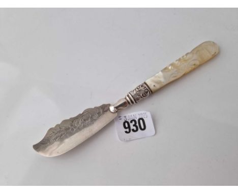 Victorian engraved butter knife, carved M O P handle . Sheffield 1867 By A H