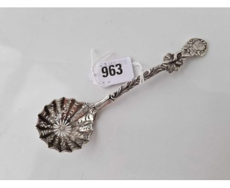 Decorative Victorian sifter spoon with vine cast stem with crest . London 1852 By G A