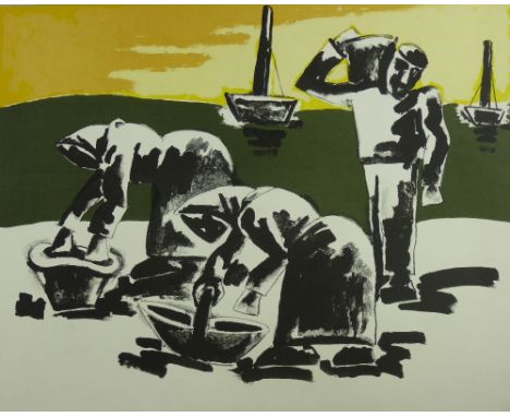 JOSEF HERMAN artist's proof print - Penclawdd cocklepickers, mounted but unframed, signed in full, 54 x 70 cms