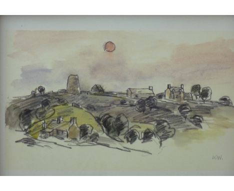 SIR KYFFIN WILLIAMS RA print of a colourwash scene - hilltop windmill and cottages, Glanrafon, Llangoed, Anglesey, printed in