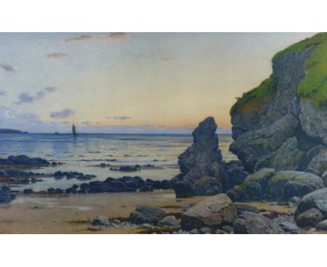 JOHN McDOUGAL coloured print - Porth Padrig, Cemaes Bay at sunset with boats in the distance, printed signature and date 1921