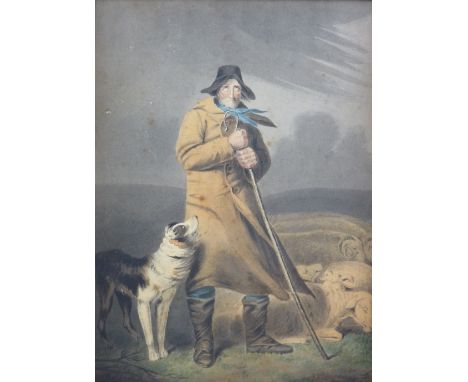 19th Century Welsh School watercolour - full-portrait of a fearful shepherd clutching his crook and standing with sheep-dog a