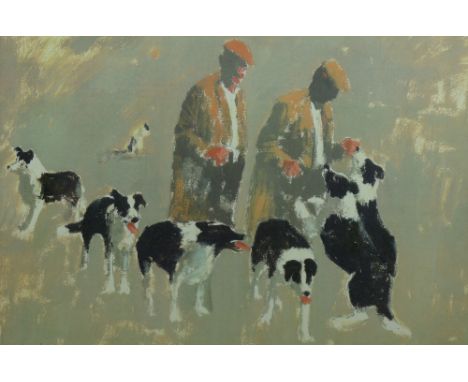 ANEURIN M JONES print - two farmers with their seven sheepdogs, original printed signature, 26 x 38 cms