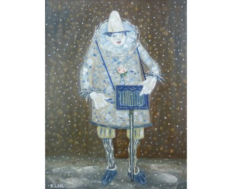 KAREL LEK oil on board - standing clown with automaton, signed, 67.5 x 51 cms