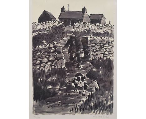 SIR KYFFIN WILLIAMS RA limited edition (83/150) print - farmer carrying a pail with his dog ahead, signed in full, 49 x 39cms