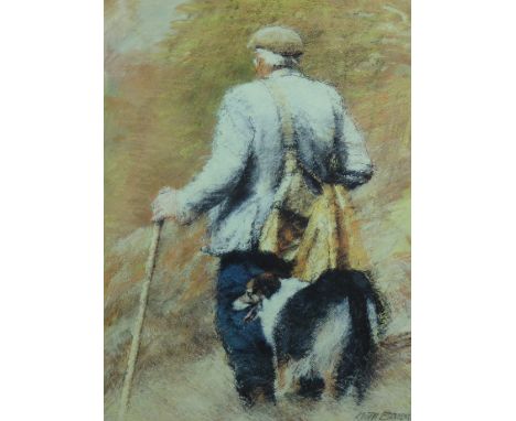 KEITH BOWEN coloured limited edition (8/550) pastel print - farmer with sheepdog, signed, original date 1992, 38.5 x 27.5 cms