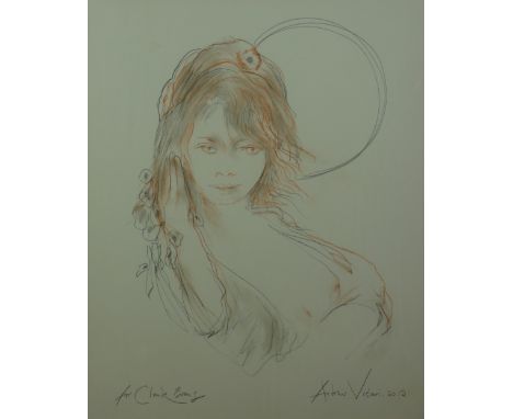 ANDREW VICARI pencil and crayon - half length portrait of a young lady, signed and dated 2012 and entitled 'For Claude Evans'