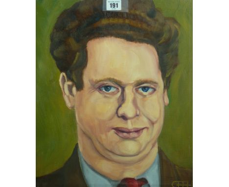 CARL F E HODGSON oil on canvas on stretcher, unframed - a head and shoulders portrait of Dylan Thomas, monogrammed, 41 x 36 c