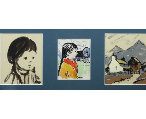 DONALD McINTYRE a trio of watercolours within one frame - 1. colourwash - head and shoulders portrait of a little girl, signe