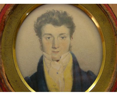 PENRY WILLIAMS miniature watercolour on card, oval format - head and shoulders portrait of a young man, 5.5 x 5 cms, (Provena