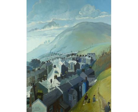 NICK HOLLY acrylic on canvas - South Wales townscape with children playing on a back hillside, signed, 100 x 81 cms