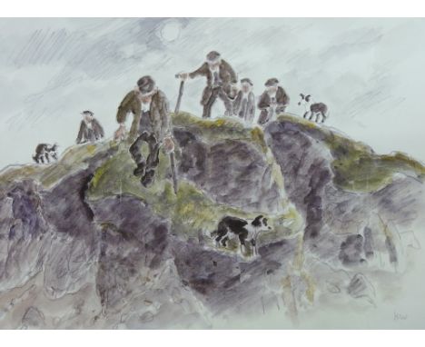 SIR KYFFIN WILLIAMS RA coloured print - five farmers with their three sheepdogs on the top of a craggy mound, printed initial