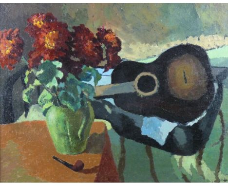 JOHN ELWYN oil on canvas - early career still-life with the artist's pipe on the table next to a vase of flowers and with a g