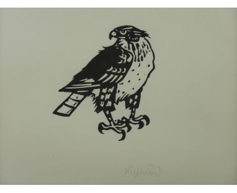 SIR KYFFIN WILLIAMS RA lithograph - perched falcon, signed in full, 33 x 33 cms