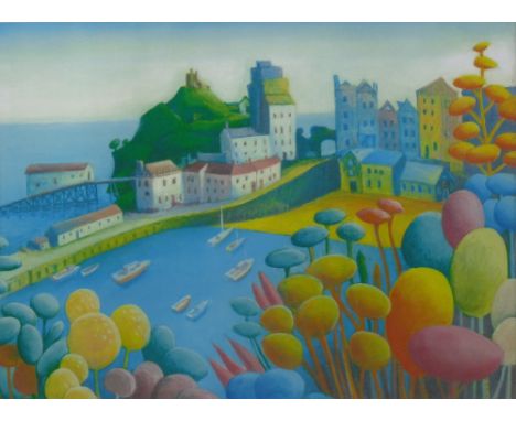 R W SPILLER coloured print - Tenby Harbour, 28 x 38.5 cms