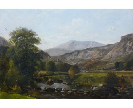 GEORGE R TURNER oil on board, unframed - river scene with figure on rocks, signed verso with greeting and date 1906 and title