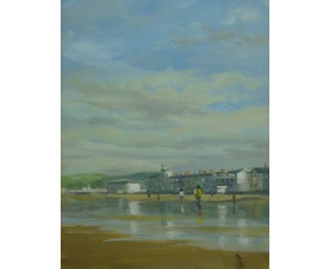 R D BAILEY oil - North Shore, Llandudno with figures on the sands, monogrammed, 19 x 14 cms 