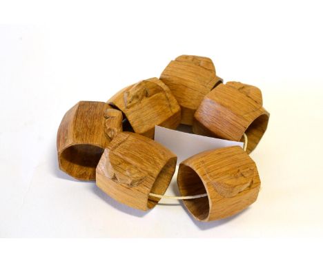 Six Robert ''Mouseman'' Thompson Oak Napkin Rings, of octagonal form, each with carved mouse signature, 5cm each 