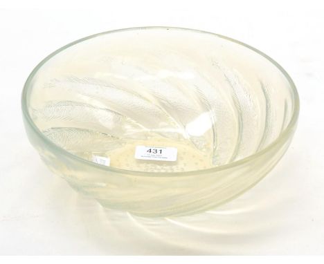 A René Lalique Poissons Opalescent Glass Bowl, the underside moulded in relief with spiralling fish, moulded R LALIQUE, 24cm 