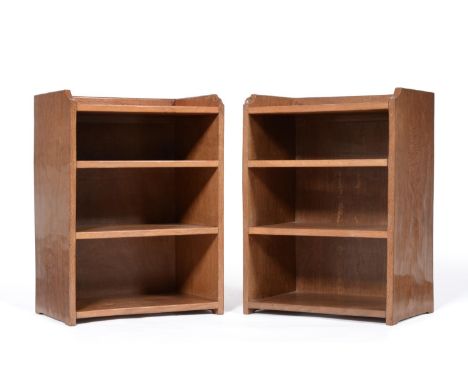 A Pair of Robert ''Mouseman'' Thompson Open Bedside Bookcases, each with a raised upstand, with two fixed shelves, each with 