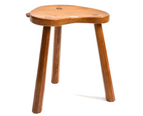 A Robert ''Mouseman'' Thompson Oak Kidney Cow Stool, on three tapered octagonal legs, with carved mouse signature to the seat